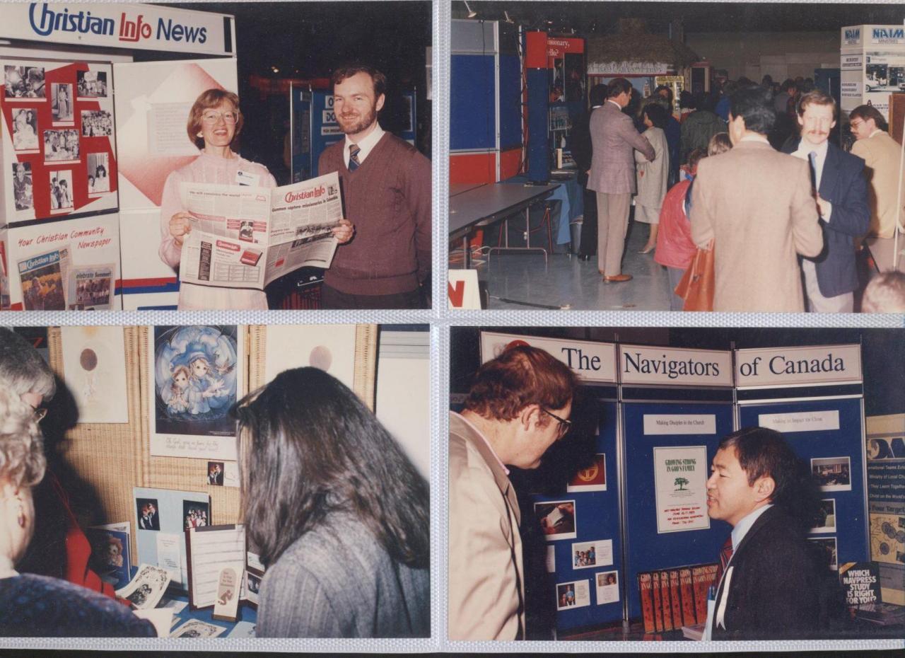 Christian Info News (later known as BC Christian News), a view of the exhibit hall in which NAIM (North American Indigenous Ministries) is visible, an unidentified exhibiting ministry, and The Navigators of Canada