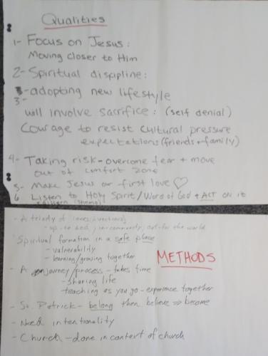 Brainstorming by group 3 for qualities and methods of discipleship. Click to view full size.